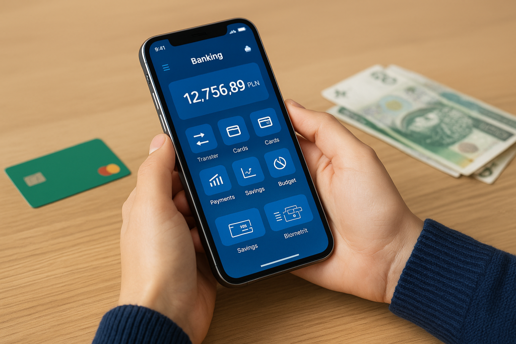 Osoba trzyma smartfon z aplikacją bankową pokazującą saldo w PLN oraz ikony funkcji takich jak przelewy, płatności, karty, oszczędności, budżet i biometryka; obok na biurku leżą karta i polskie banknoty, ilustrując najpopularniejsze aplikacje bankowe i ich funkcje w 2025 roku.