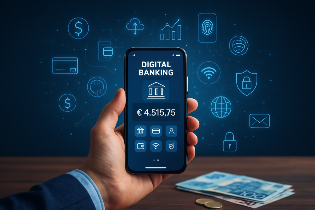 Osoba trzyma smartfon z aplikacją bankową otoczoną holograficznymi ikonami finansowymi na ciemnym tle, symbolizując przyszłość bankowości cyfrowej, trendy i prognozy na najbliższe lata.