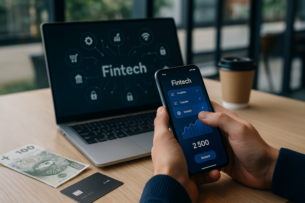 Osoba korzysta z aplikacji fintech na smartfonie przy biurku; w tle laptop z ikonami finansowymi oraz polskie banknoty i karta płatnicza — ilustracja, jak fintechy zmieniają rynek usług finansowych w Polsce.