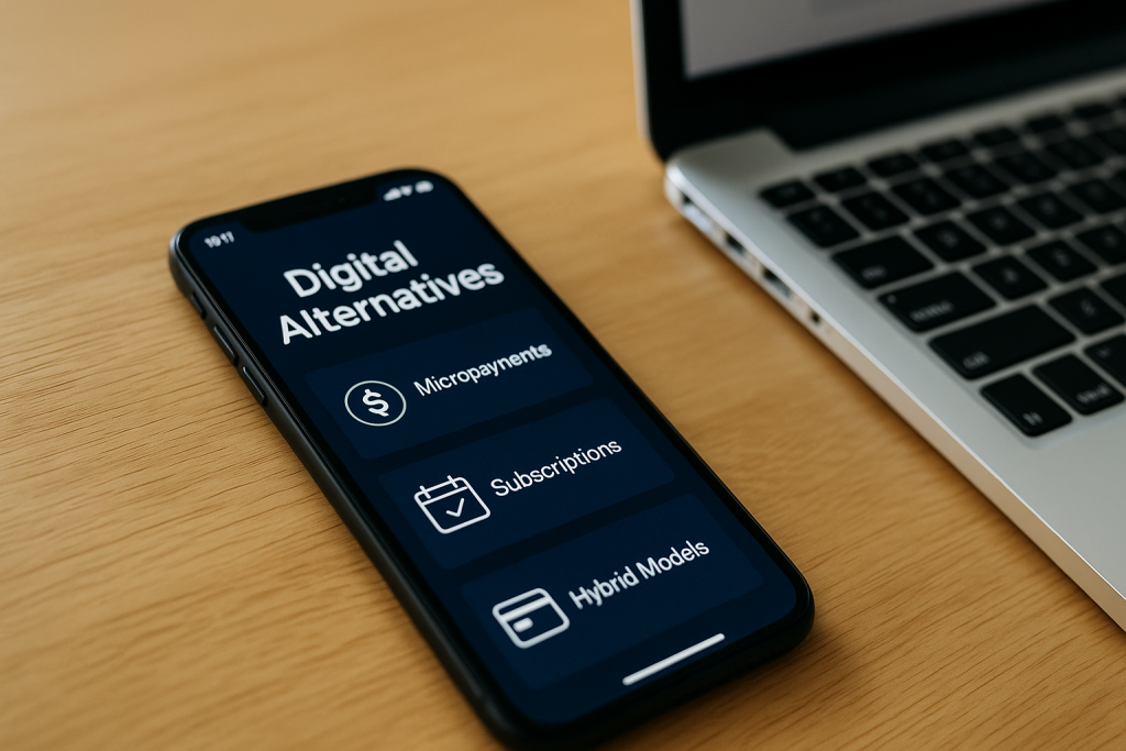 Smartfon na biurku obok laptopa pokazujący aplikację z mikropłatnościami, subskrypcjami i modelami hybrydowymi, symbolizujące cyfrowe alternatywy dla kredytu.