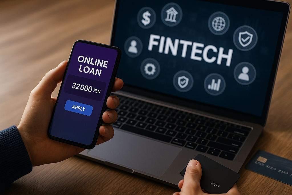Osoba korzystająca ze smartfona z aplikacją pożyczek online obok laptopa z ikonami fintech na ekranie, symbolizujące rolę pożyczek online w ekosystemie bankowości cyfrowej.