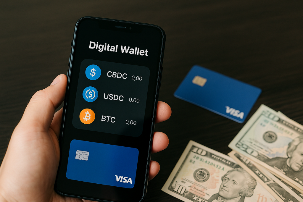 Smartfon z aplikacją portfela cyfrowego pokazującą waluty cyfrowe i stablecoiny, obok na biurku karta płatnicza i banknoty, symbolizujące wpływ na codzienne płatności.